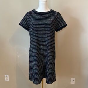 LOFT Tweed Knit Shift Dress Navy Fringe Size 8